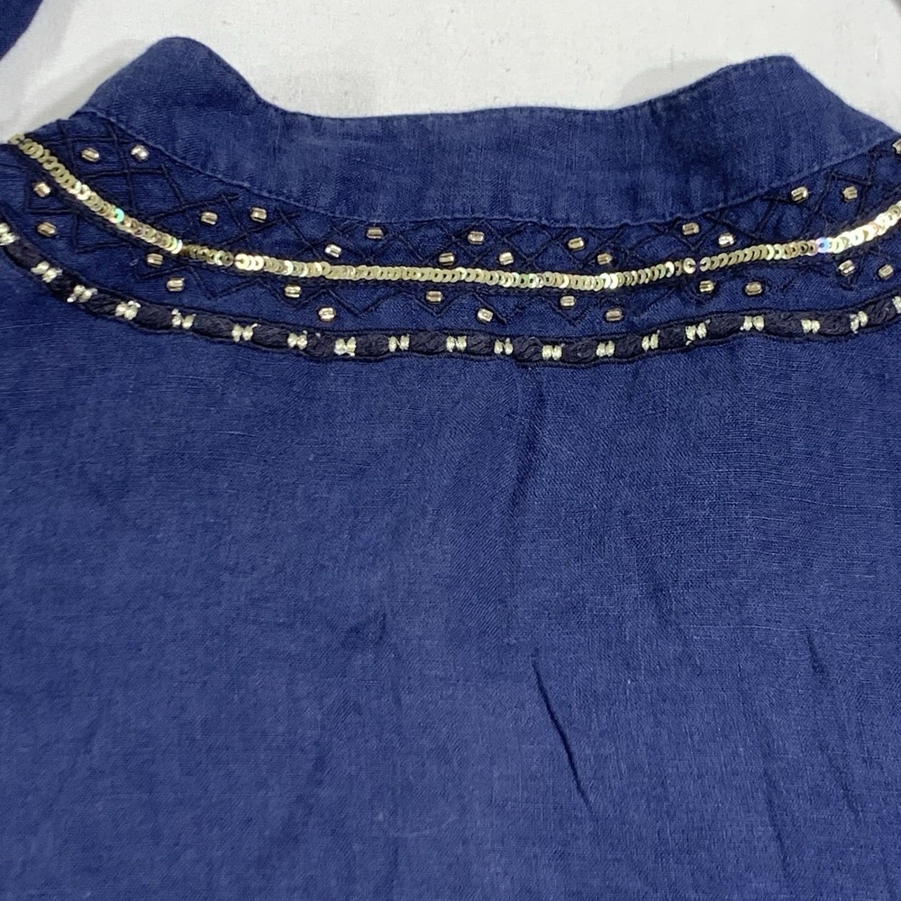 Lilly Pulitzer Amelia Island 100% Linen Tunic Women's Large Blue Gold Trim Top - Picture 7 of 10